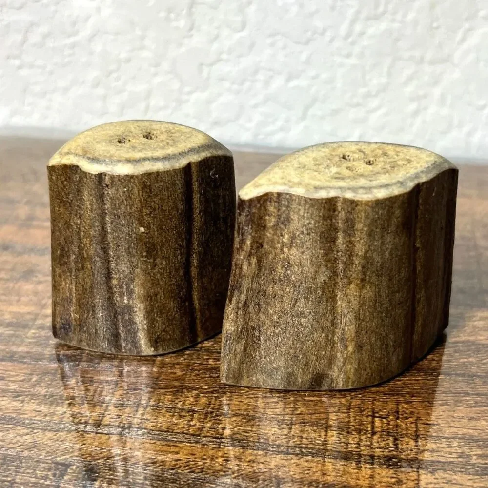 Vintage Real Antler Salt Pepper Shakers Carved Natural Horn Rustic Lodge Cabin